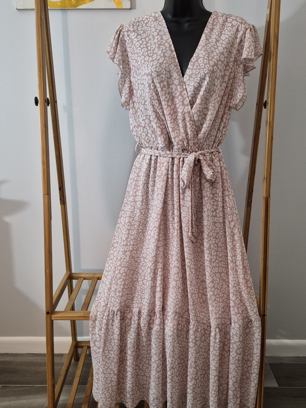 Blush Pink Leopard Print Maxi Dress with Tie Waist Strap